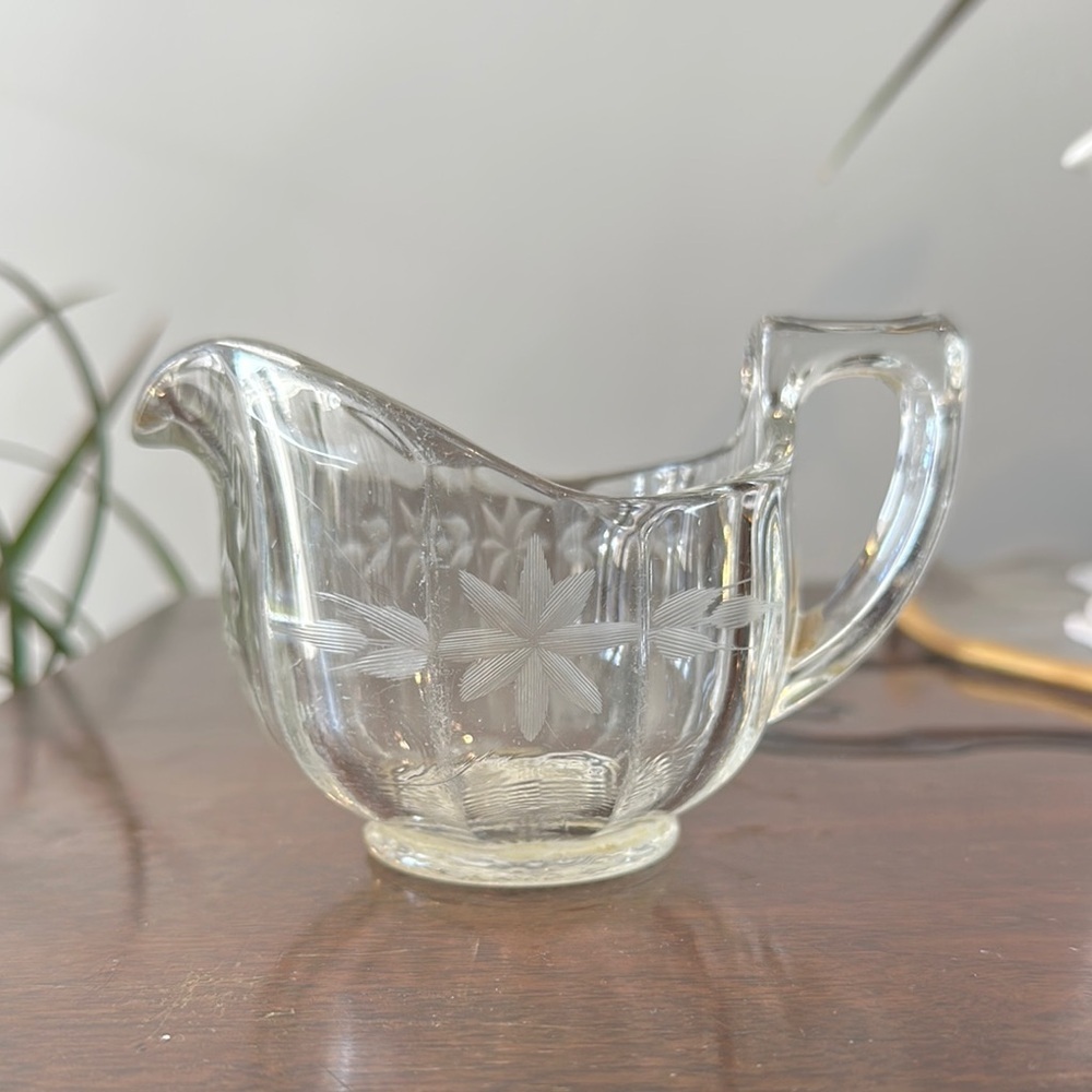 Vintage Etched Clear Glass Creamer Floral Print